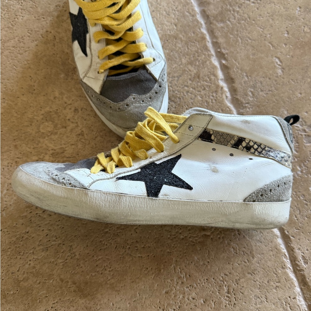 Golden Goose Midstar White and Gray Sneakers with Yellow Laces